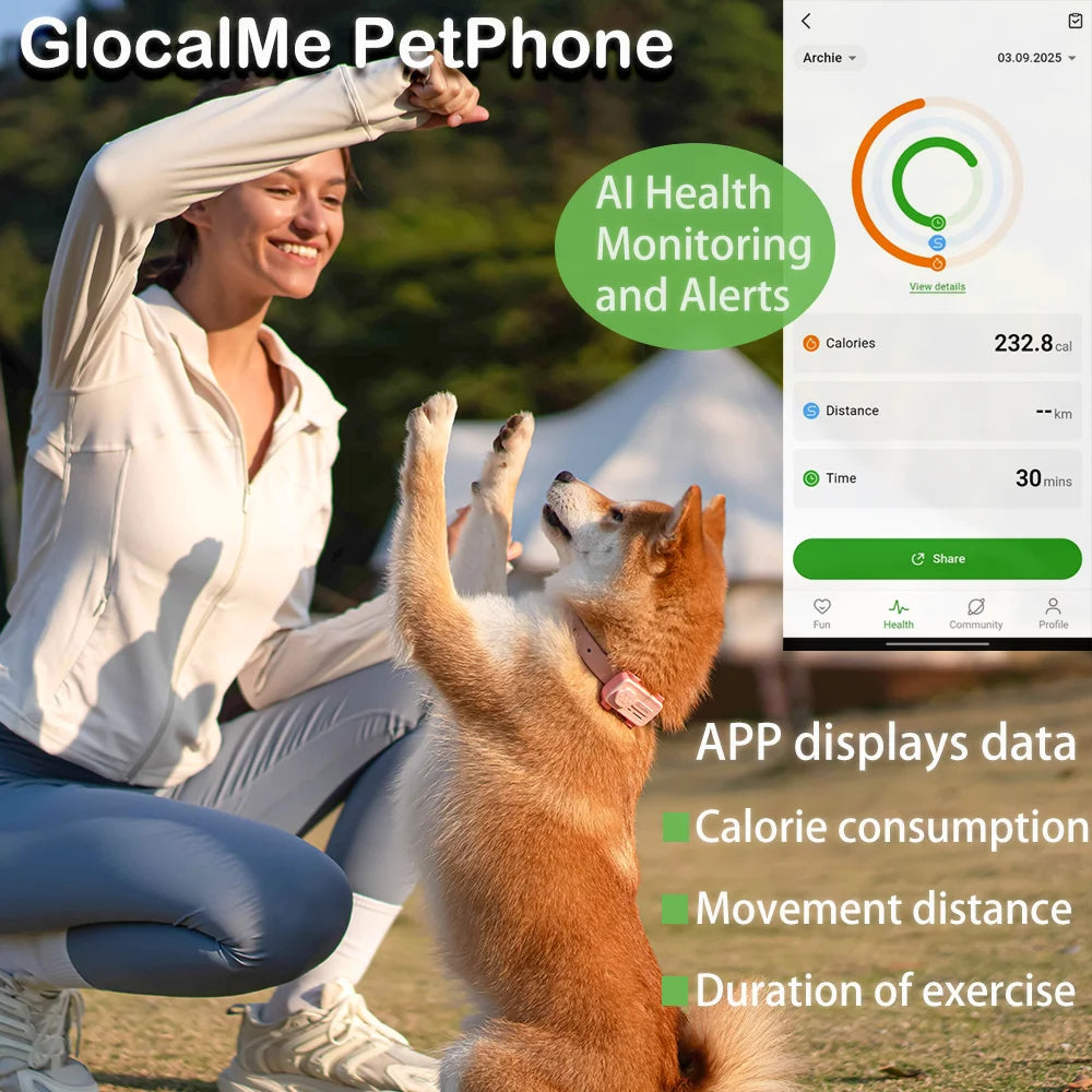 GlocalMe PetPhone Pet Smartphone GPS Wi-Fi Tracker for Dog Cat Anxiety Relief With Play Music Two-Way Call AI Health Monitoring