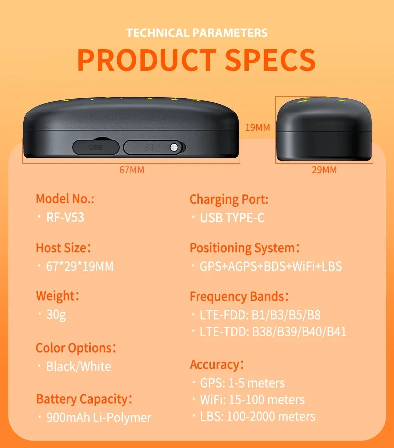 Safe & Smart RF-V53 Tracker 4G Pet Locator GPS Beidou Cat and Dog Positioning Search Anti-lost IP67 Waterproof 900 MAh Battery