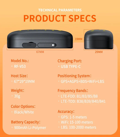 Safe & Smart RF-V53 Tracker 4G Pet Locator GPS Beidou Cat and Dog Positioning Search Anti-lost IP67 Waterproof 900 MAh Battery